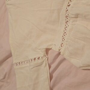 Chic Women's Cream Cotton Blouse With Cut Out Accents On Neckline And Sleeves